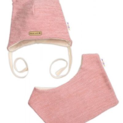 Pletená čepice s bavlněnou podšívkou a šátkem 2v1, Teddy Hand made - rúžová
