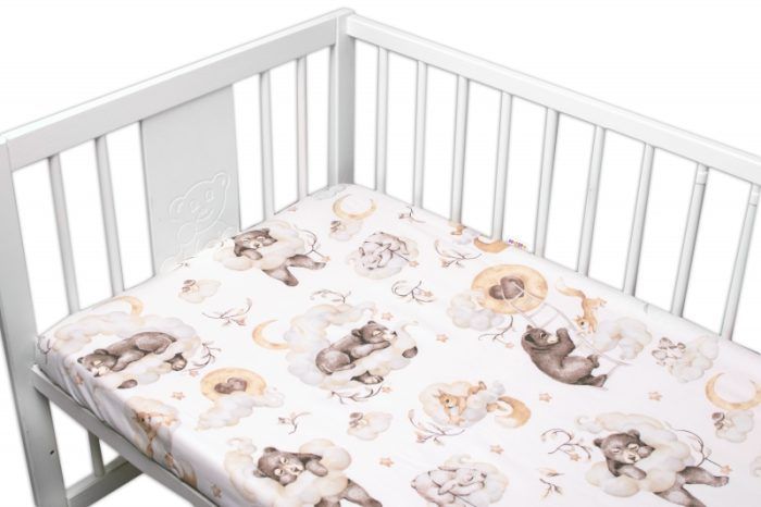 Detské bavlnené prestieradlo do postieľky Baby Nellys, Zvieratká na mráčiku, béžové,140x70 - Image 2