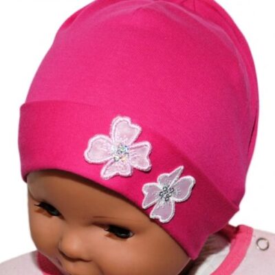 Bavlnená čiapočka Kvetinky Baby Nellys ® - sýto ružová