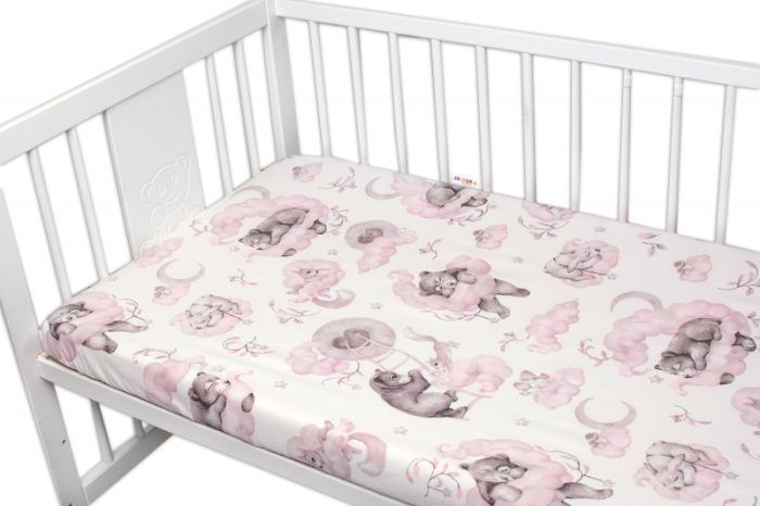 Detské bavlnené prestieradlo do postieľky Baby Nellys, Zvieratká na mráčiku, ružové - Image 2